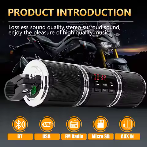 Motorcycle Handlebar Stereo Speakers Wireless MP3 Player with AUX-IN/USB/TF Card FM Radio Black
