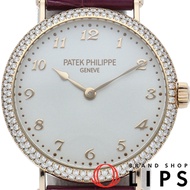 二手百達翡麗Calatrava系列34毫米鑲鑽錶圈自動腕錶，型號7200/200R-001，附原廠錶盒和保固卡，18K白金/皮革錶帶，銀色，拋光處理，成色極佳。