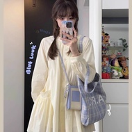 Ord-Women's 80cm cream white A-shaped short dress with long sleeves, simple 4-season Korean young gi