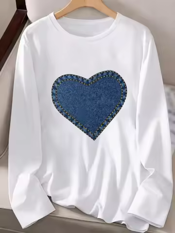 90s Vintage Style T Shirt Crew Neck Graphic Tees Tops 2000s Y2k Clothes Femme Women's Heart Print Lo
