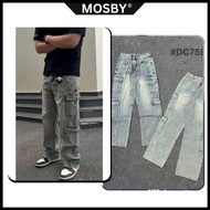 Men's Cargo Blue Straight Leg Jeans, Washed Jeans with Loose Pockets Streetwear DC759