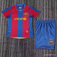 [Kids SSS+] Barcelona Home Messi No. 19 Ronaldinho 10 Short Sleeve Soccer Uniforms, Kids Set, Retro 