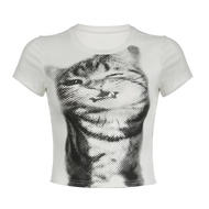 American-Style Cat Printing Slim-Fit Round Neck Knitted Bottoming T-Shirt For Women 2024 Summer Slim