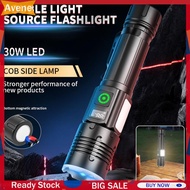 30W LED+COB Zoomable Flashlight USB Rechargeable Super Bright Flashlight Waterproof Powerful Flashli