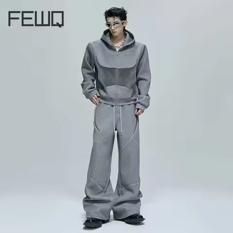 FEWQ Korean Style Men's Two-piece Solid Color Fur Patchwork Hooded Sweatshirts Drawstring Wide Leg M