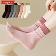 LOVESPACE 1Pair New Korean Fashion Women Cotton Roll Rim Socks Student Sport Cute Stocking Socks Fake Two Pieces Contrast Color Middle Tube Socks C2R8