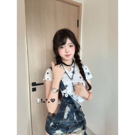 Millennium Star Strap Two-Piece Set Printed Hooded Ears Hot Girl Top Female t Shorts Sweet Hot y2k S