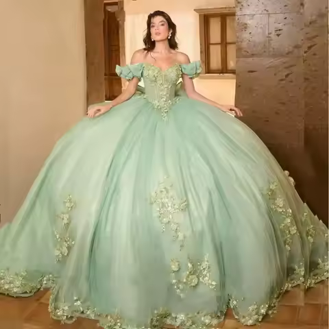 Bomaris Green Ball Gown Quinceanera Dresses Vestidos De 15 Anos XV Vintage 3D Flower Lace Princess B