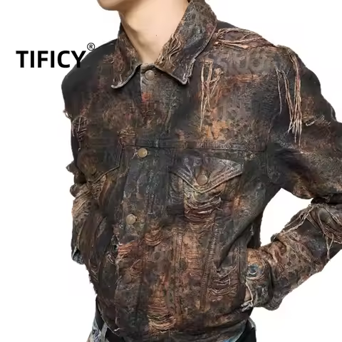 High Street Jackets Men's Coating Retro Distressed Worn-out Letters Burned and Eroded Lapel Denim Ja