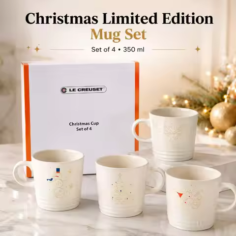 Le Creuset Christmas Mug Set of 4: Premium Ceramic Coffee Cups in Holiday Gift Box, Underglaze Stone