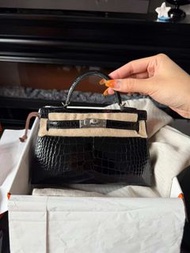 K刻 Hermès mini Kelly 2 黑銀鱷魚
