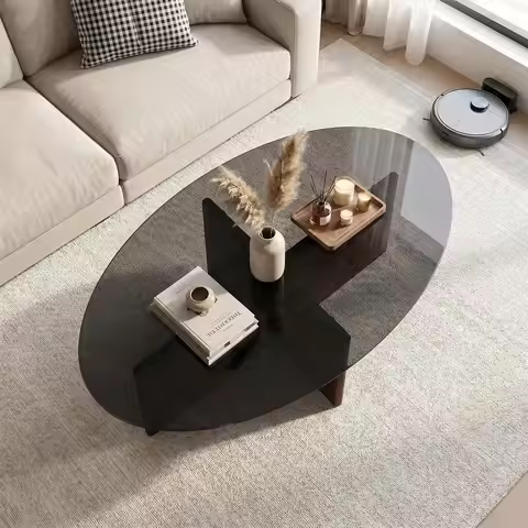 Oval Tempered Glass Coffee Table, 39.4 Walnut Living Room Furniture