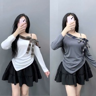 Set Ladies Big Size Blouse Women's Off Shoulder Pretty Bow Tie Long Sleeve Mixed Checkered A-Line Sk