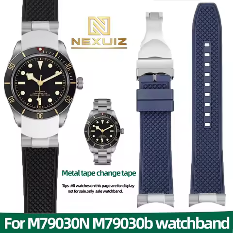 Black Blue Curved joint Waterproof Fluororubber Watch Band For Tudor 1958BLACK BAY M79030N M79030b W