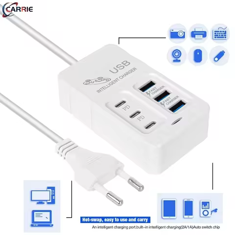6 IN 1 USB Charger 35W PD Type C Fast Charge Charger Wall Phone Adapter Quick Charger 3.0 USB Hub EU