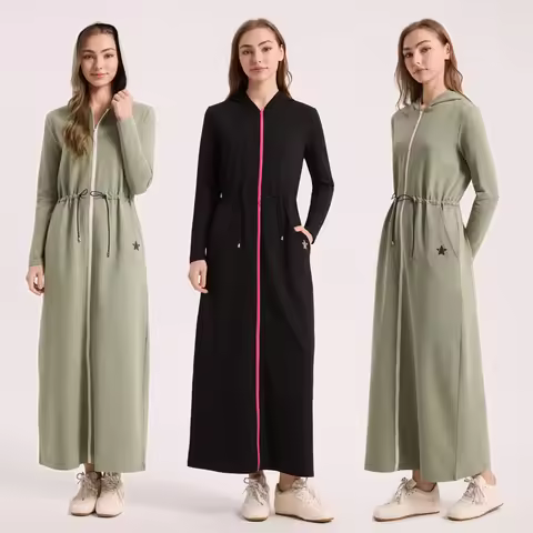 AA AW26 Winter Cotton Woman Hoodie Dress Adjustable Waistband Maxi Zipper Dress Lady Clothes