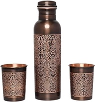 HealthGoodsIn Pure Copper Water Bottle with 2 Tumblers Set, Beautiful Floral Pattern For Ayurveda Health Benefits