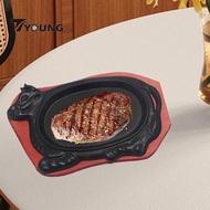 [In Stock] Cast Iron Griddle Pan, BBQ Frying Pan with Wooden Base, Steak Pan, Grill Server Plate for Steak, Restaurant Supply