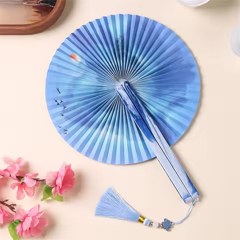 Traditional Floral Pattern Foldable Paper Fan Handheld Vintage Round Paper Fan Group Fan Ancient Chi