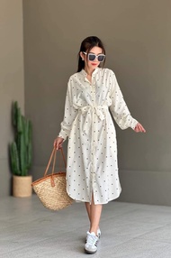 baao Casual  Church  Long Sleeve polka dots Dress with Belt