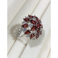 (R193) RED GARNET NATURAL GEMSTONE FLOWER DOME S925 SILVER ADJUSTABLE RING 红石榴天然宝石花 S925 银可调节戒指 CINCIN BATU MERAH PERAK