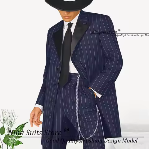 Nina Store Wide Distance Stripe Men Suits Long Blazer Casual Pants Navy White Pinstripe Peak Lapel T