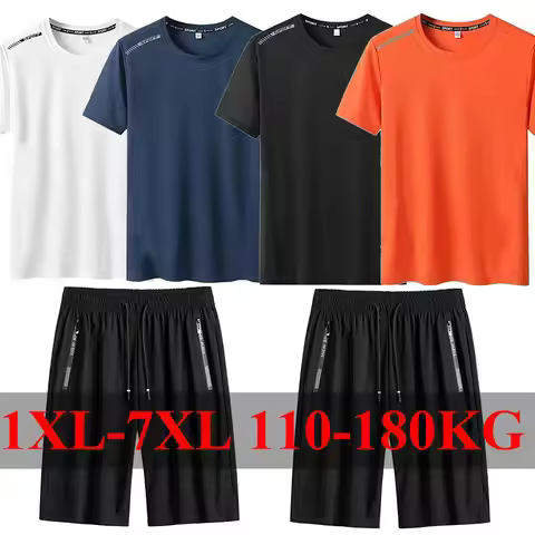 Plus Size Summer T-shirt Shorts Set for Men 1XL-7XL Short Sleeve Tees Shorts Casual Beach Sport Tops