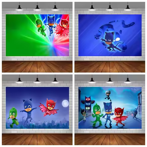 PJ M-Masks Birthday Party Backdrop Catboy Owlette Gekko Moon Night City Superhero Custom Photo Booth