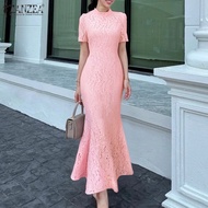 Esolo ZANZEA ชุดเดรสแฟชั่นสำหรับผู้หญิงเอวลูกไม้สไตล์เกาหลี #0728