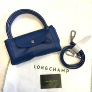 正Longchamp 小羊皮法國製 深藍色小款S 兩用包肩背包手提包斜背包折疊包（可放長夾全新二手