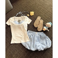 Bikini Set 3 Super Cute Pink CheckeredPiece | Bikini Top + Puffed Skirt + Beach Outerwear T-shirt