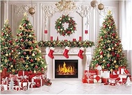 AIIKES 7x5ft Christmas Fireplace Backdrop Indoor Red Christmas Tree Backdrop for Family Holiday Part