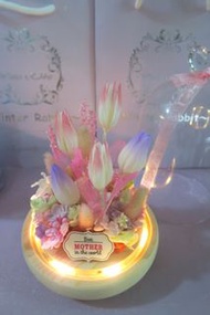 (現貨)紫白+蜜桃色鬱金香保鮮花 玻璃罩擺設 生日 聖誕 母親節 情人節禮物 多色可選 有燈