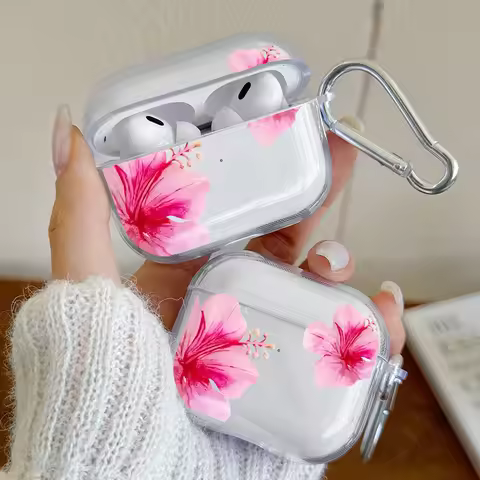 Pink Hibiscus Flower Clear Case for AirPods 4/3/2/1 Earphone Case with Carabiner,Airpod Pro2/Pro3/Pr