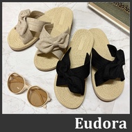 [Eudora] Linen Bow Slippers Cross Slippers Flat Slippers Soft Sole Slippers Vacation Slippers Bow Wo