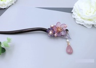 粉紫瑪瑙櫻花黑檀木髮簪(流蘇可拆)