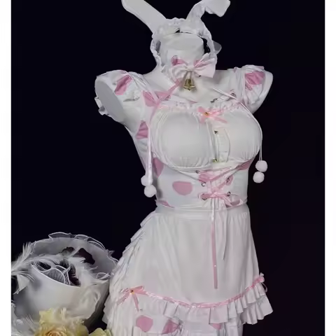 Japanese Anime Bunny Cosplay Costumes Women Sweet Pink Lolita Cat Girl Maid Dress Halloween Cow Prin