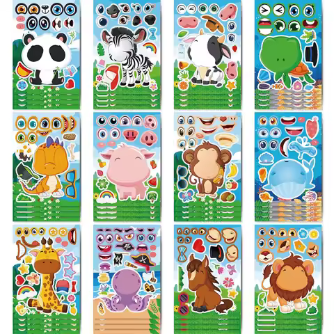 6/12Sheets Cute Animals Make a Face Puzzle Stickers Create your own Panda Lion Dinosaur Cartoon Asse