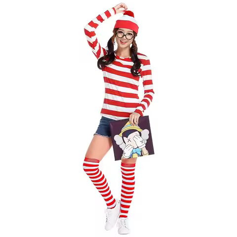 Where Is Willy Waldo Tv Cartoon Stag Night Costume Adult Parent-child Red Striped Shirt Masquerade H