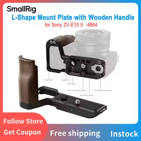 SmallRig L-Shape Mount Plate with Wooden Handle for Sony ZV-E10 II Arca-Accessories Built-in Quick R