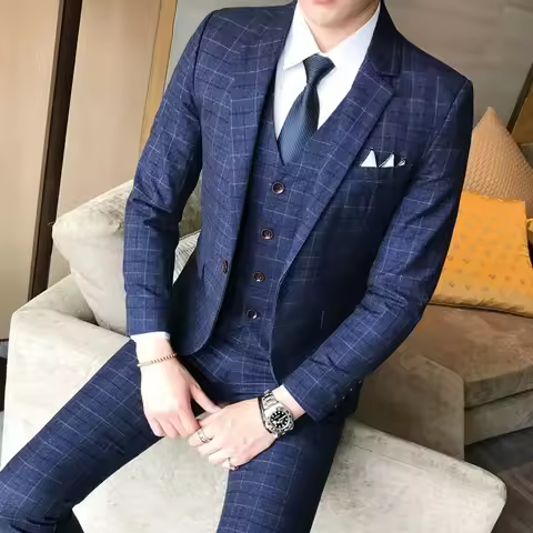 ( Jacket + Vest + Pants ) Mens Suit 3 Piece Fashion Boutique Plaid Wedding Business Casual Men Blaze