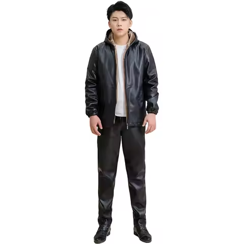 useful Men's Leather Jacket Fleece Thickened Leather Jacket Leather Pants Set Cotton Jacket Motorcyc