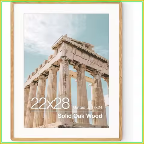 22x28 Poster Frame | Solid Oak Wood Picture Frame with Mat for 18x24 | Tempered Glass & Hanging Hard