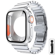 สายนาฬิกาโลหะ + สายเคสสำหรับ Apple Watch 44มม. 45มม. อัปเกรดสร้อยข้อมือกล่องเคสเหล็กสแตนเลส TPU Ultra 49มม. Iwatch Series 8 7 6 SE 5 4