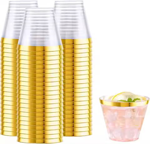 200 PCS Gold Plastic Cups,9 oz Clear Plastic Cups,Disposable Wine Glasses,Plastic Cocktail Glasses f