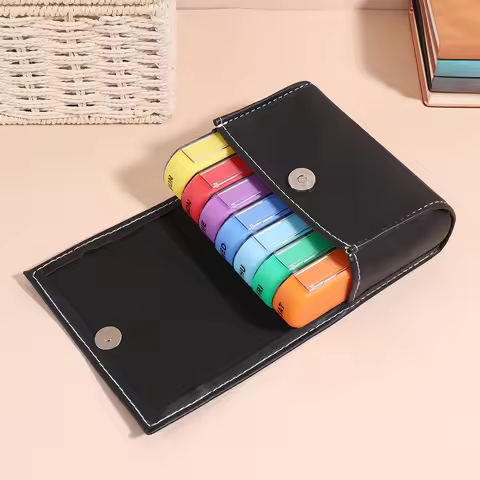 1PC Creative Leather bag Colorful Pill Box, Seven Colors for a Week, 28 Compartments, Drawer Moistur