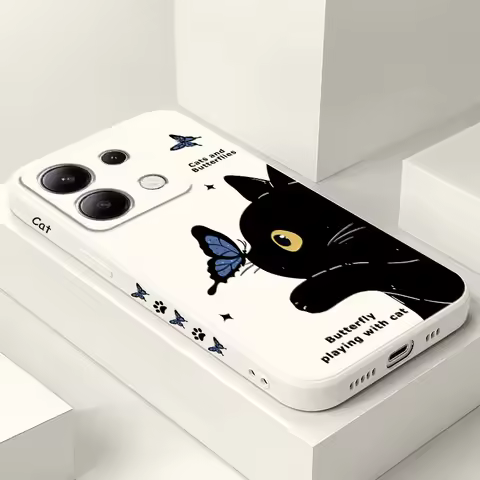 Cat Butterfly Phone Case For Xiaomi Redmi Note 13 12 12S 11 11S 10 10S 9 9S Pro Plus 4G 5G Liquid Si