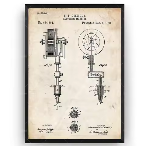 Tattoo machine 1891 patent printing wall art poster artist blueprint gift
