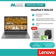 Lenovo IdeaPad 3 15ALC6 15.6" FHD Laptop Notebook - AMD Ryzen 5 5500U/ 4GB DDR4-3200 Ram/ 512GB PCIe SSD/ Windows 10/ 82KU00ARMJ 82KU00ASMJ (Free RM20 Starbucks Card &amp; Lenovo Backpack)
