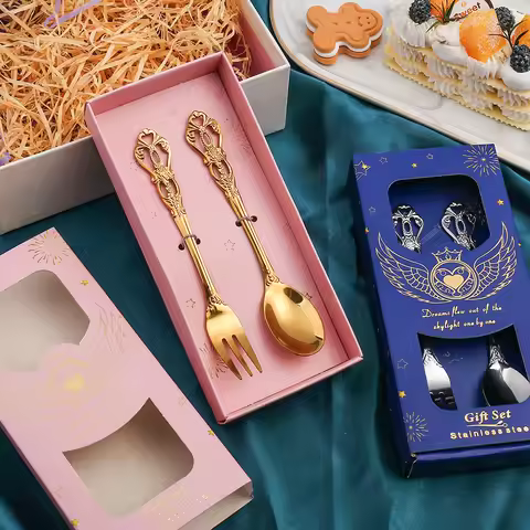 Antique embossed dessert spoon European hollow coffee spoon creative cake spoon fork gold-plated spo